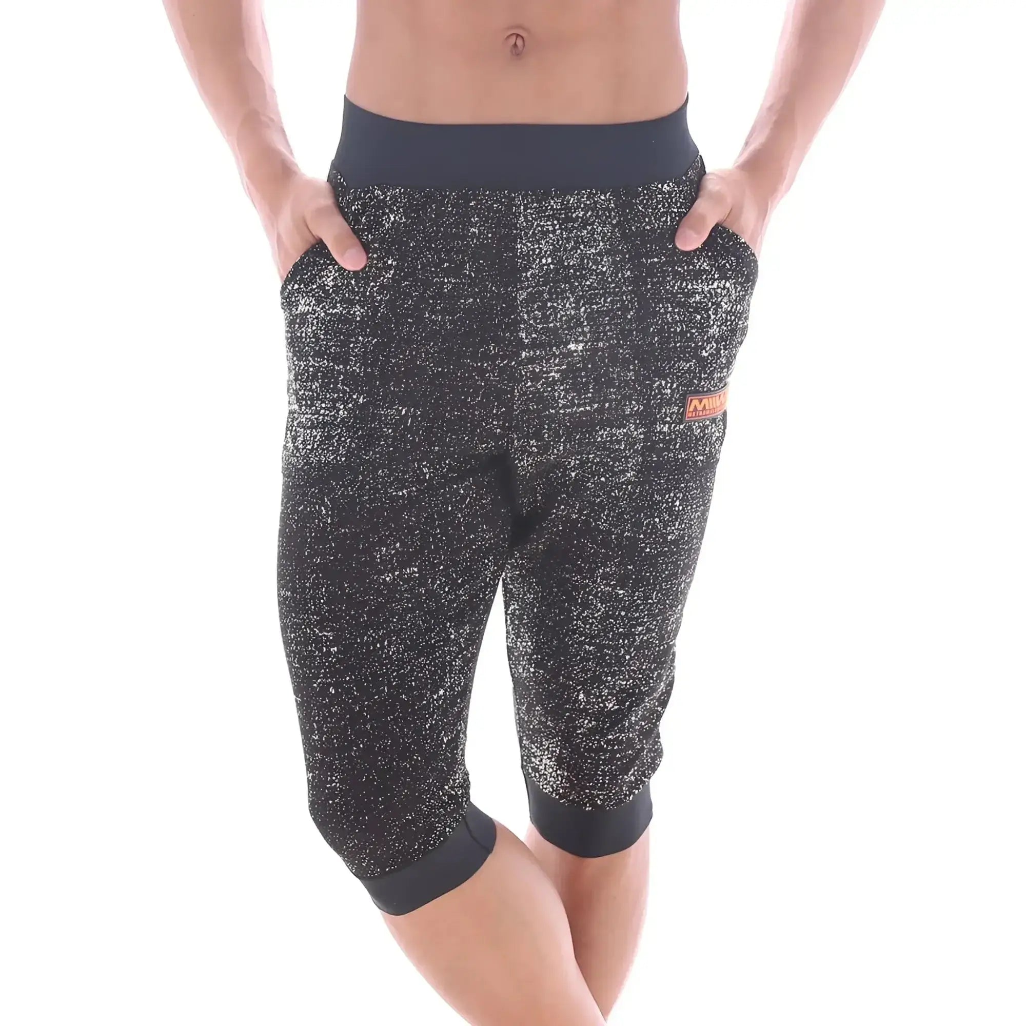 Black and silver speckled capri pants with solid black waistband and cuffs from MetroMaleWear Scandinavia gym shorts 4711-20