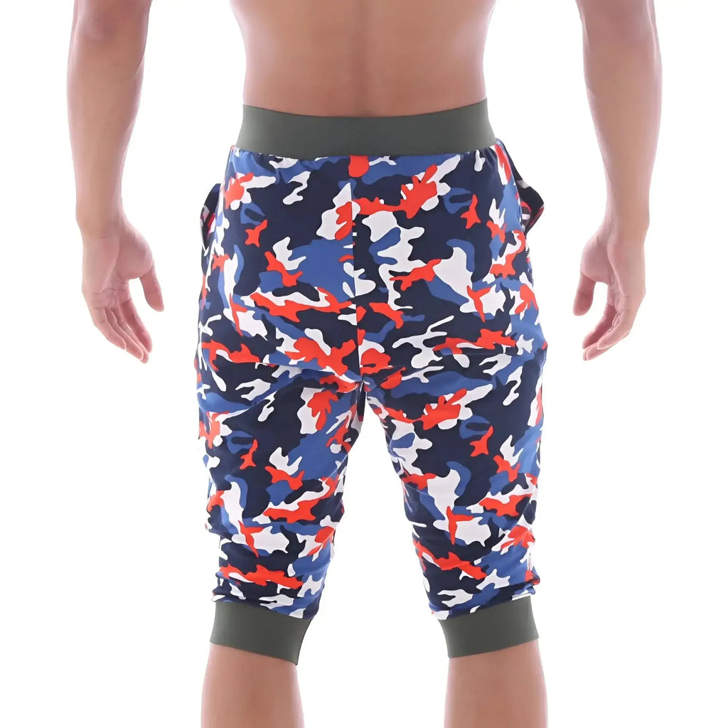 MetroMaleWear Scandinavia gym shorts camo navy with blue red and white camouflage pattern and olive green waistband and cuffs