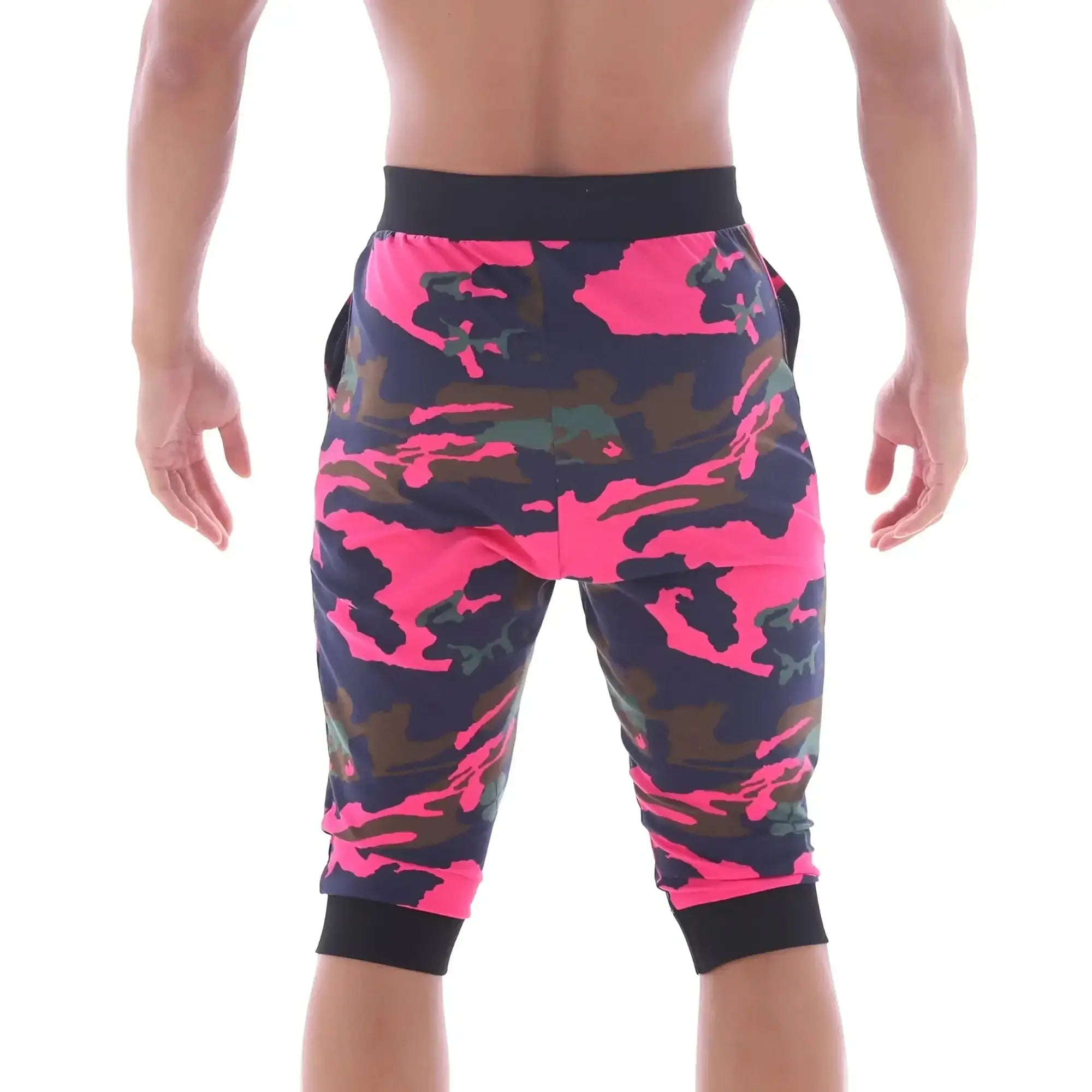 Metro malewear scandinavia gym shorts camo pink capri length with bright pink dark green camouflage print and black waistband