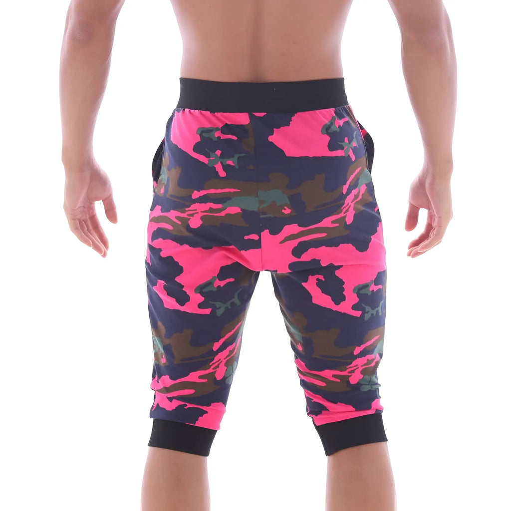 Metro malewear scandinavia gym shorts camo pink capri length with bright pink dark green camouflage print and black waistband