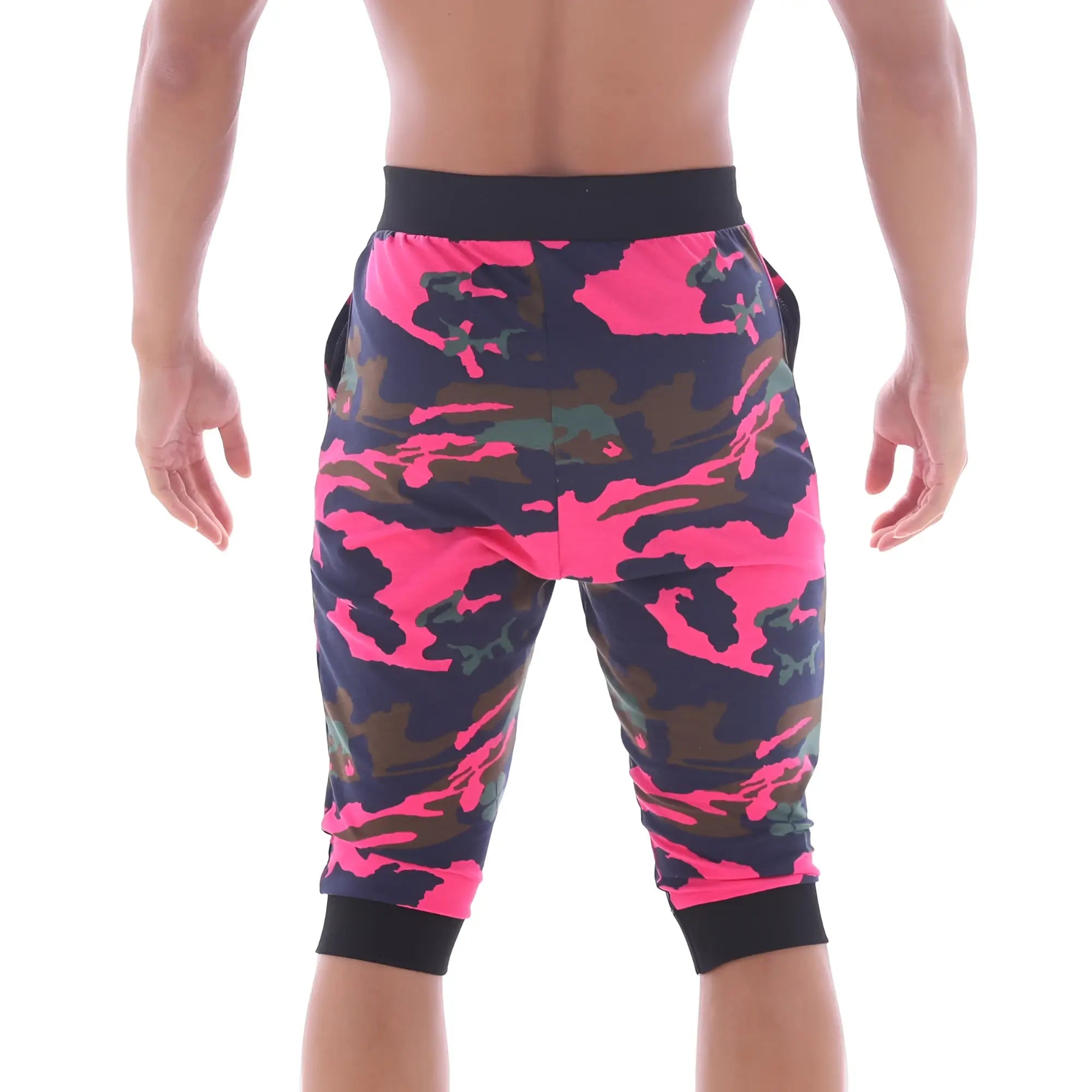Metro malewear scandinavia gym shorts camo pink capri length with bright pink dark green camouflage print and black waistband