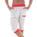 Gray heathered capri pants with red elastic waistband and cuffs and orange logo patch metroMalewear gym shorts ivory