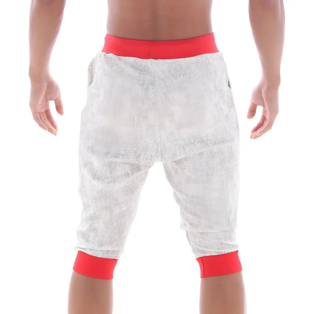 Gray textured capri pants with red elastic waistband and cuffs from metromalewear scandinavia gym shorts ivory 4711-10