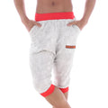 Gray heathered capri pants with red elastic waistband and cuffs and orange logo patch metroMalewear gym shorts ivory