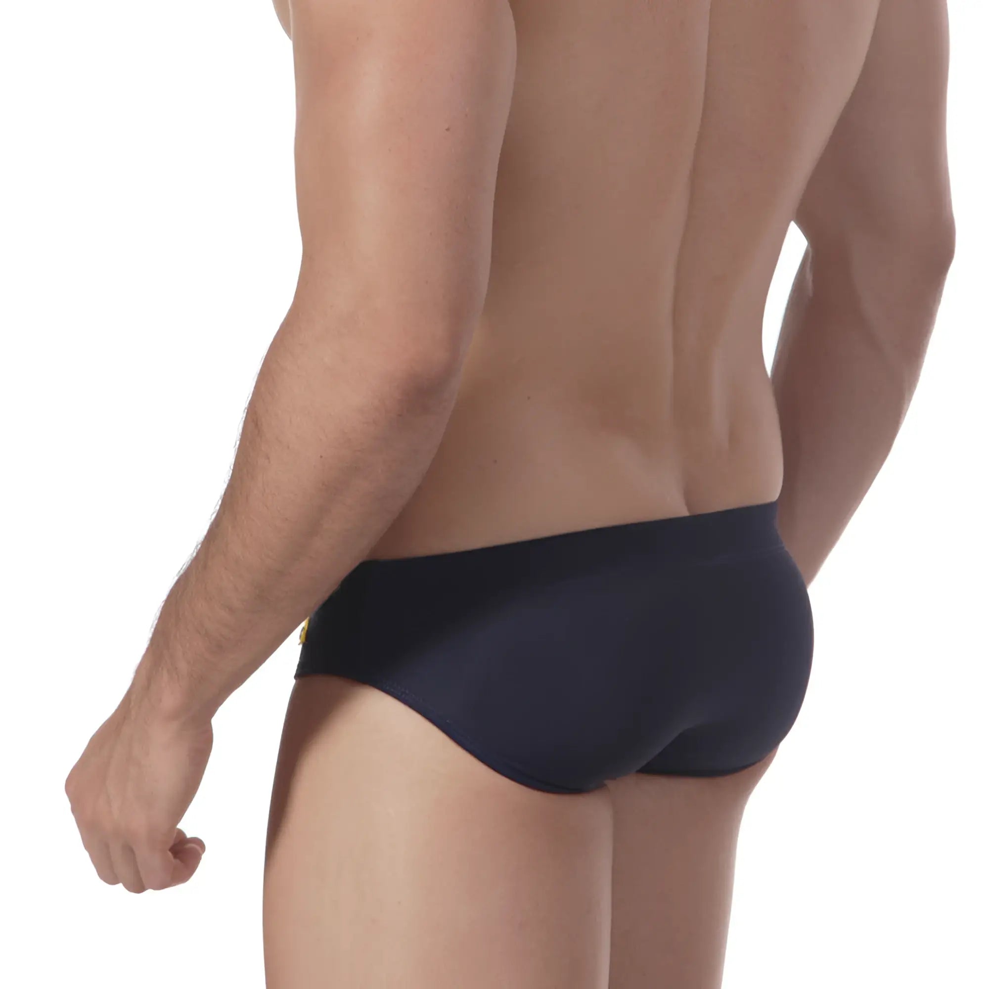 Navy blue MetroMaleWear Scottish swim brief with gold logo on left hipband made of quick-dry fabric