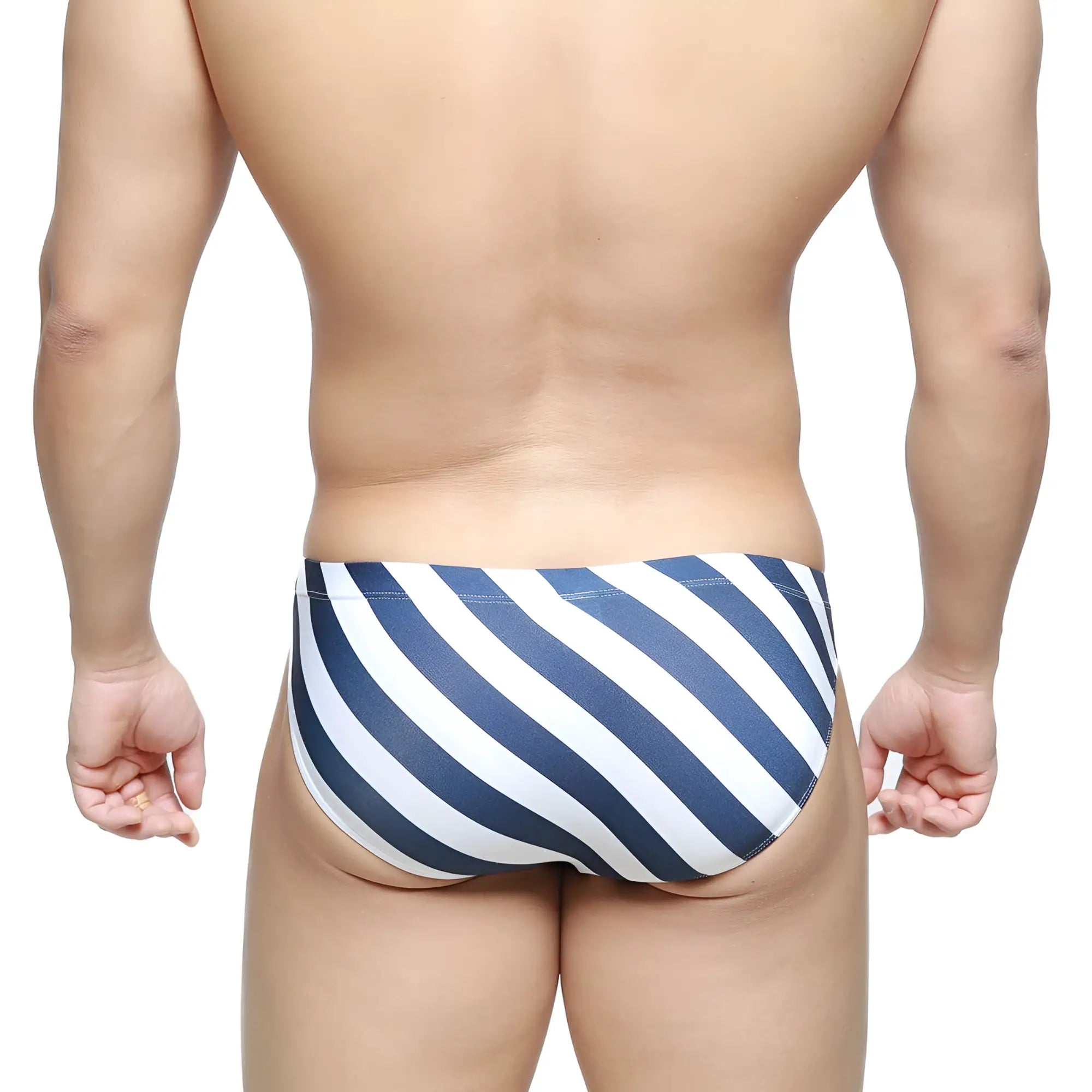 MetroMalewear screw bikini navy swim trunks with blue and white diagonal stripes for men’s beachwear