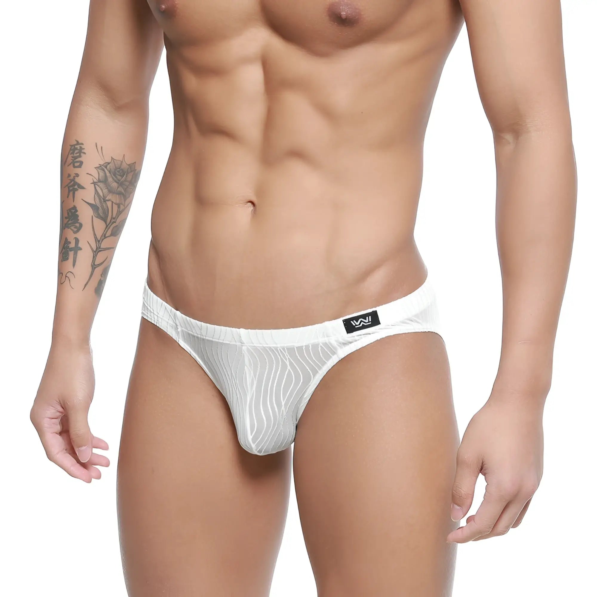 White mesh briefs with subtle wavy pattern and black logo on waistband from MetroMaleWear Sedosa Bikini 5103-M32
