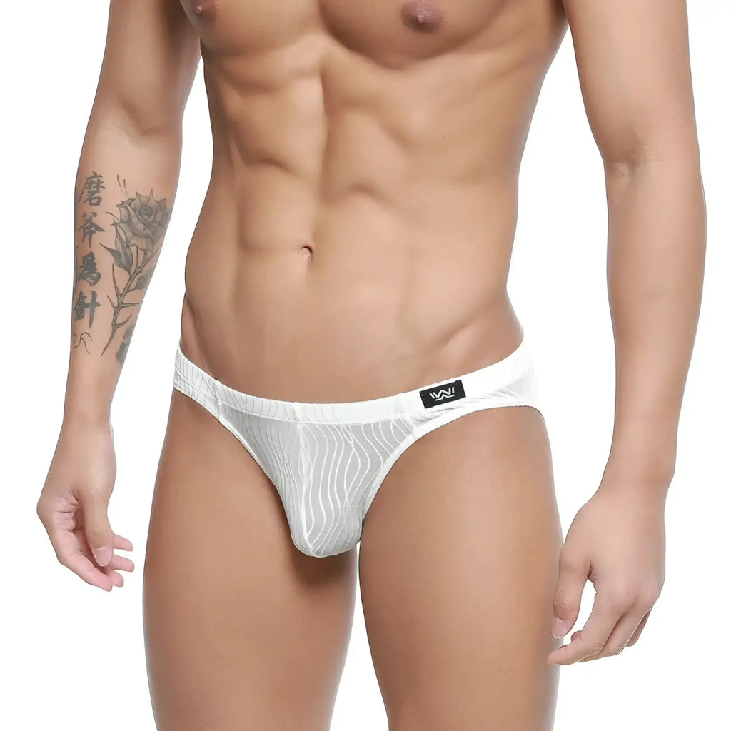 White mesh briefs with subtle wavy pattern and black logo on waistband from MetroMaleWear Sedosa Bikini 5103-M32