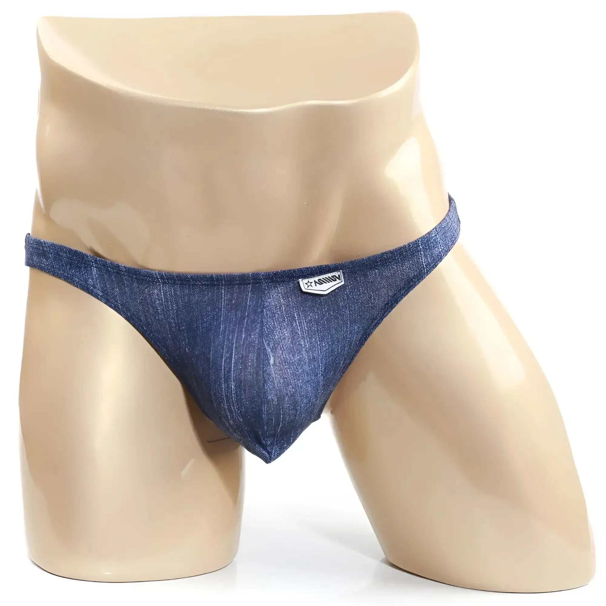 Blue denim thong with small white logo on waistband by metromalewear from seduction bikini series 2004-60
