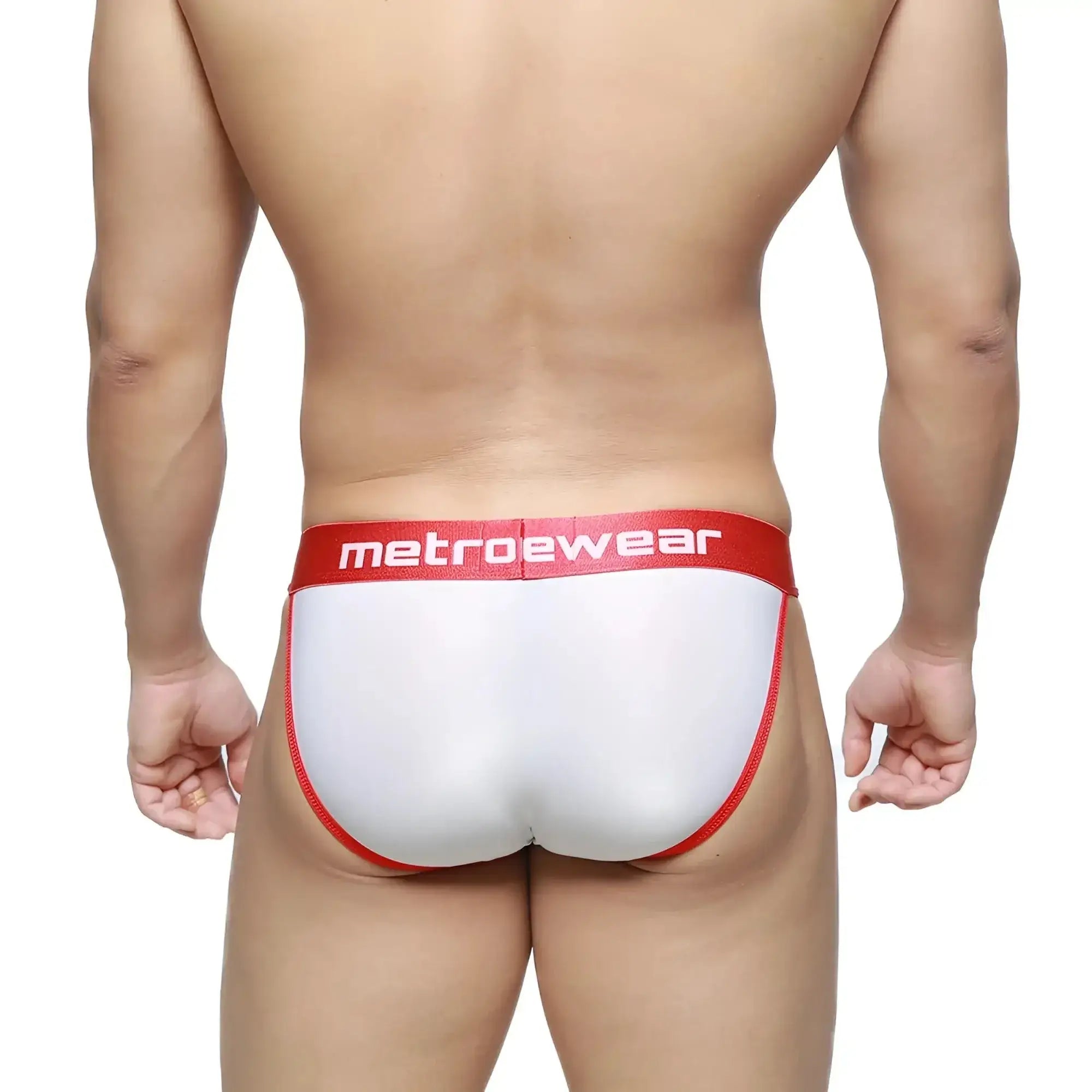 MetroMaleWear semi-sheer bikini briefs in white and red with a snug form-fitting design