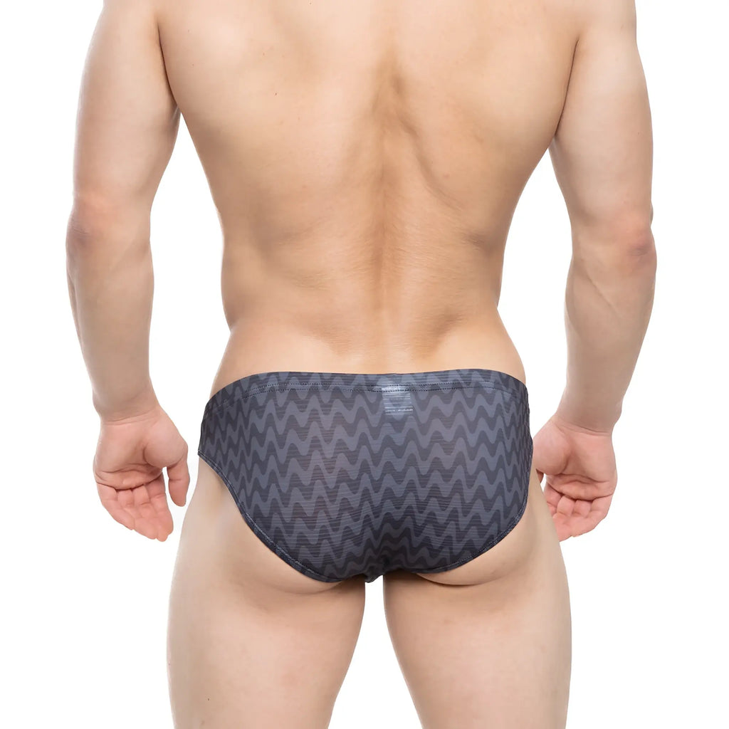 Dark gray metro male wear senal bikini swim trunks with bold zigzag pattern ideal for beachwear