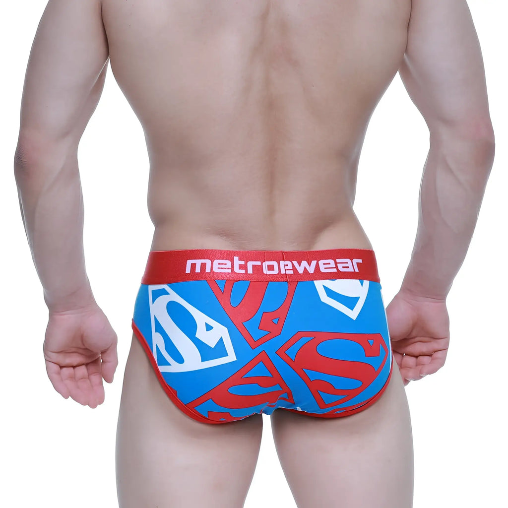 MetroMaleWear sencillo brief superman 5203-61 featuring blue and red superman logo pattern with red metrowear waistband