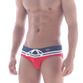 MetroMaleWear Sergeant swim brief red in red and navy blue with white stripes and drawstring waistband