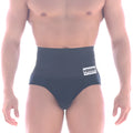 Black high-waisted briefs with white logo patch on waistband metroMalewear shaper hip brief black 5003-80