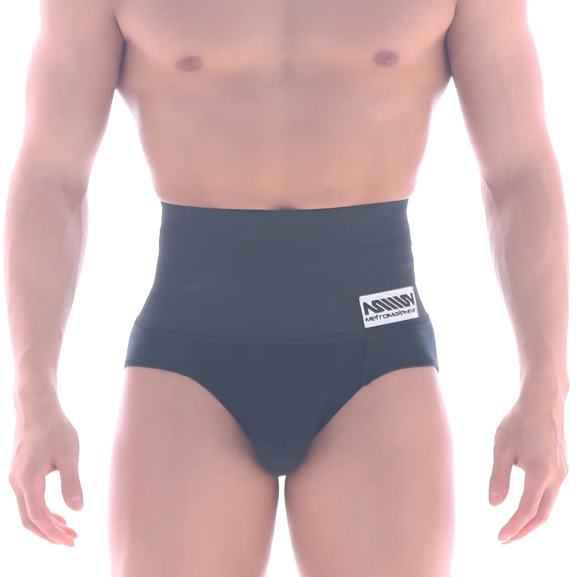 Black high-waisted briefs with white logo patch on waistband metroMalewear shaper hip brief black 5003-80