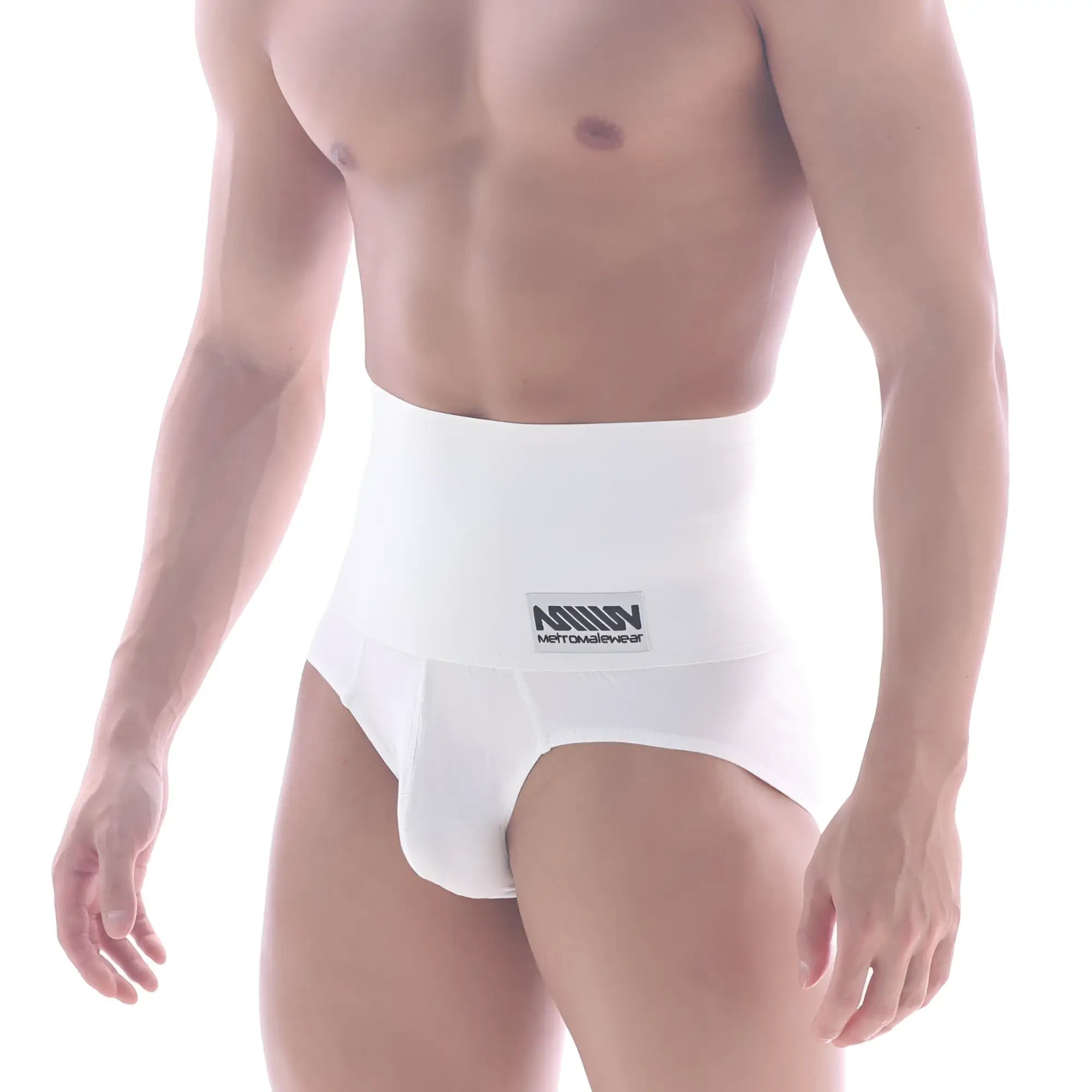 White mens high-waisted contoured shaper hip brief underwear in cotton with branded waistband by metromalewear