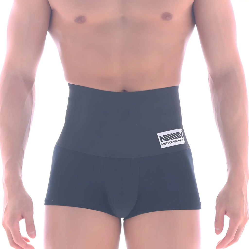 Black metroMalewear shaper hip trunk boxer briefs with high waist and white logo patch on waistband