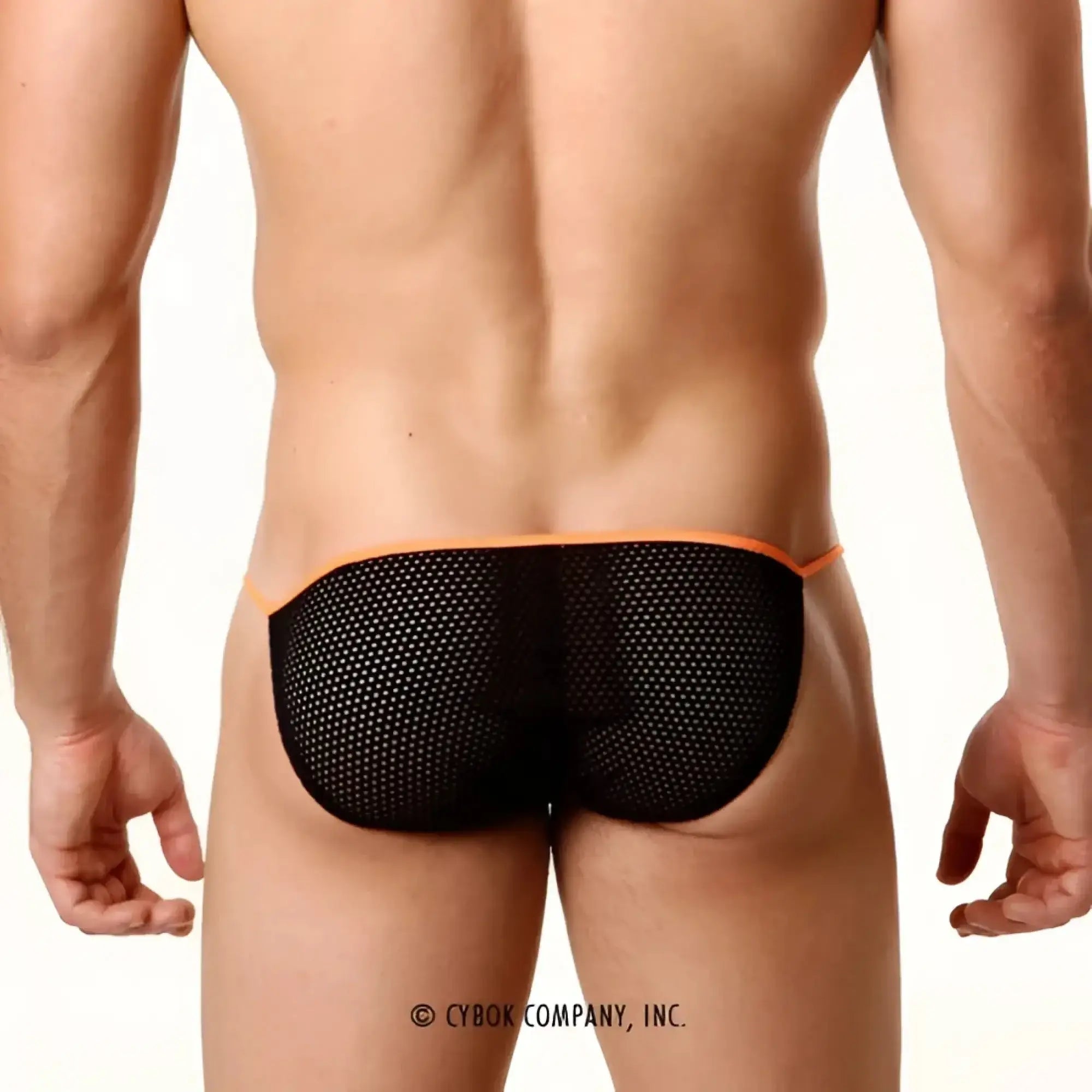 Black mesh metroMaleWear sheer fun bikini briefs with orange trim showing front side in bold design