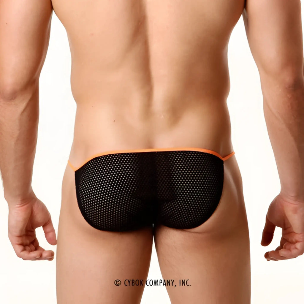 Black mesh metroMaleWear sheer fun bikini briefs with orange trim showing front side in bold design