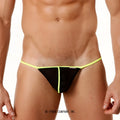 MetroMalewear sheer fun string lime black mesh thong with neon yellow trim showing front view