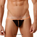 MetroMaleWear sheer fun string orange black mesh thong with bright orange trim and small brand tag front view