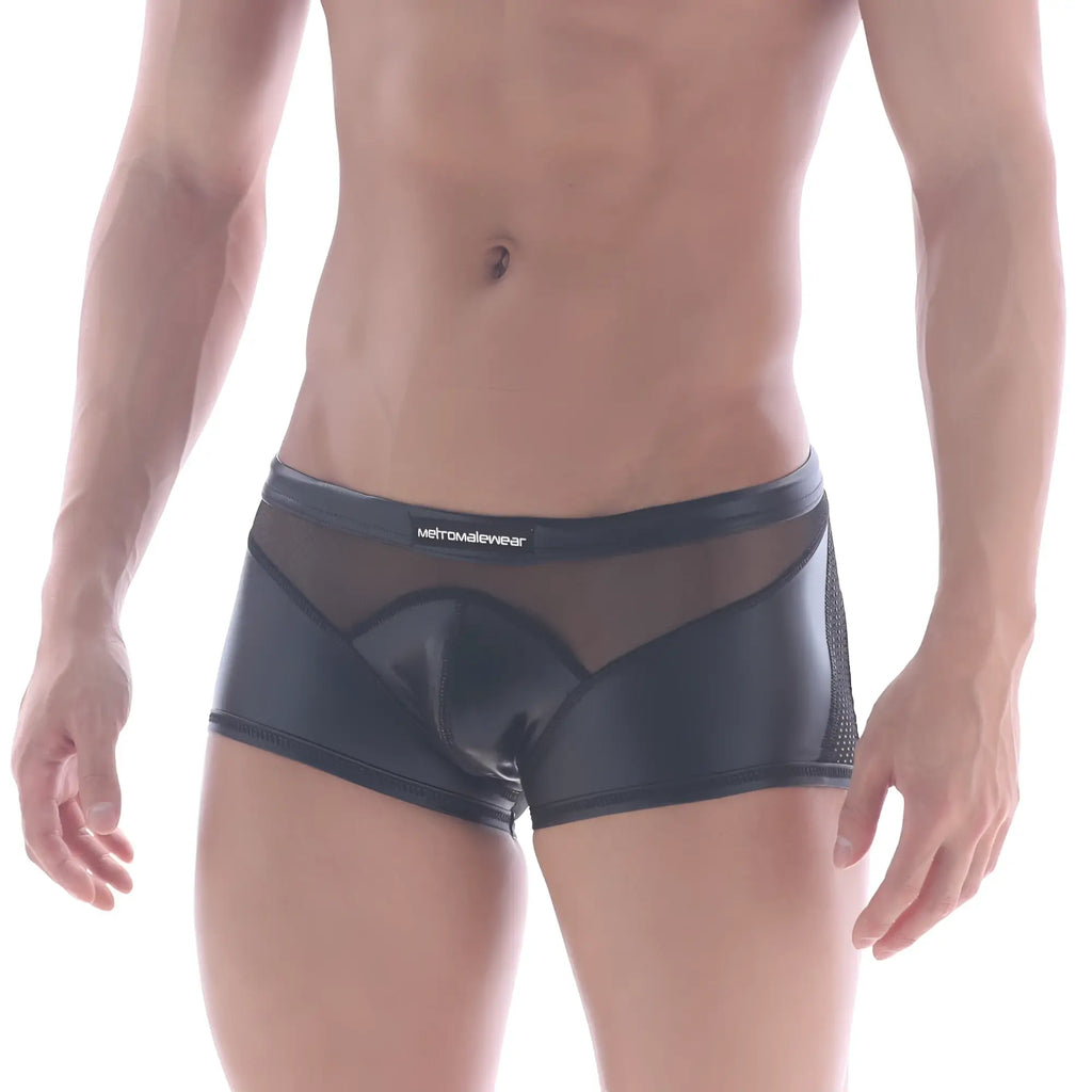 MetroMalewear sheer hip trunk black gloss mesh briefs with sleek form-fitting design and subtle waistband branding