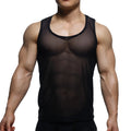 MetroMaleWear sheer runner tank top black black sheer mesh with rounded neckline and solid trim front view