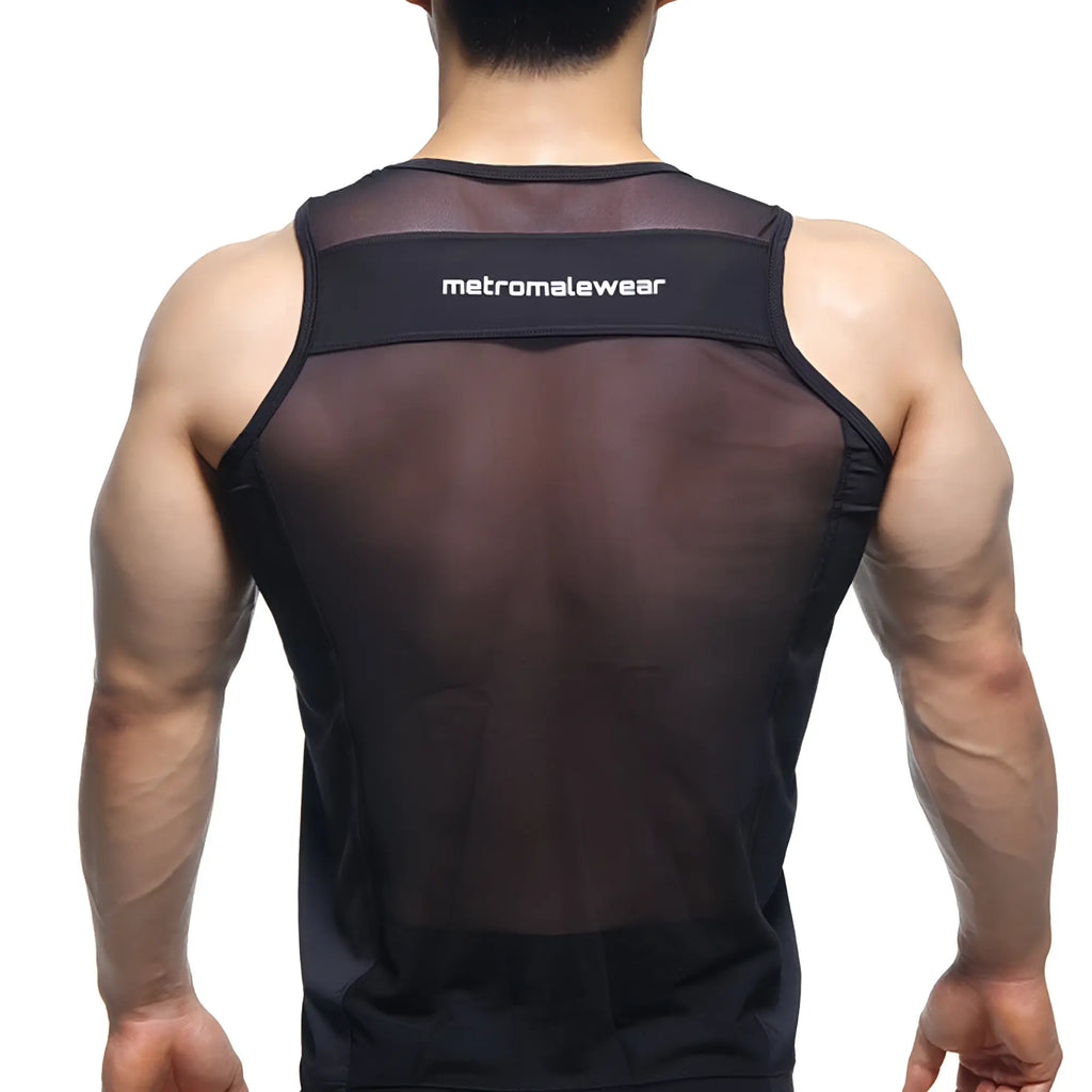 Back view of metro malewear sheer runner tank top black in black mesh with solid band and white branding