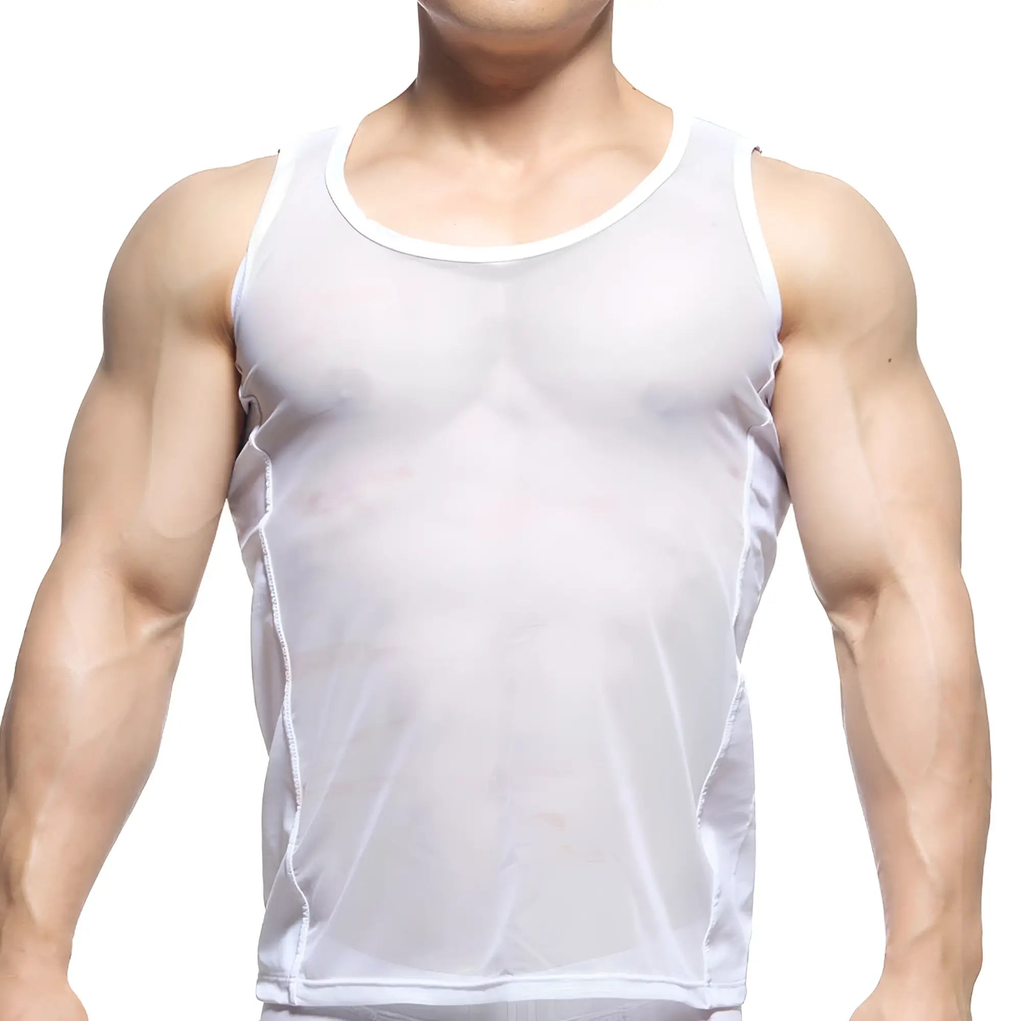MetroMaleWear sheer runner tank top white with round neckline and subtle side seam detailing in sheer mesh fabric