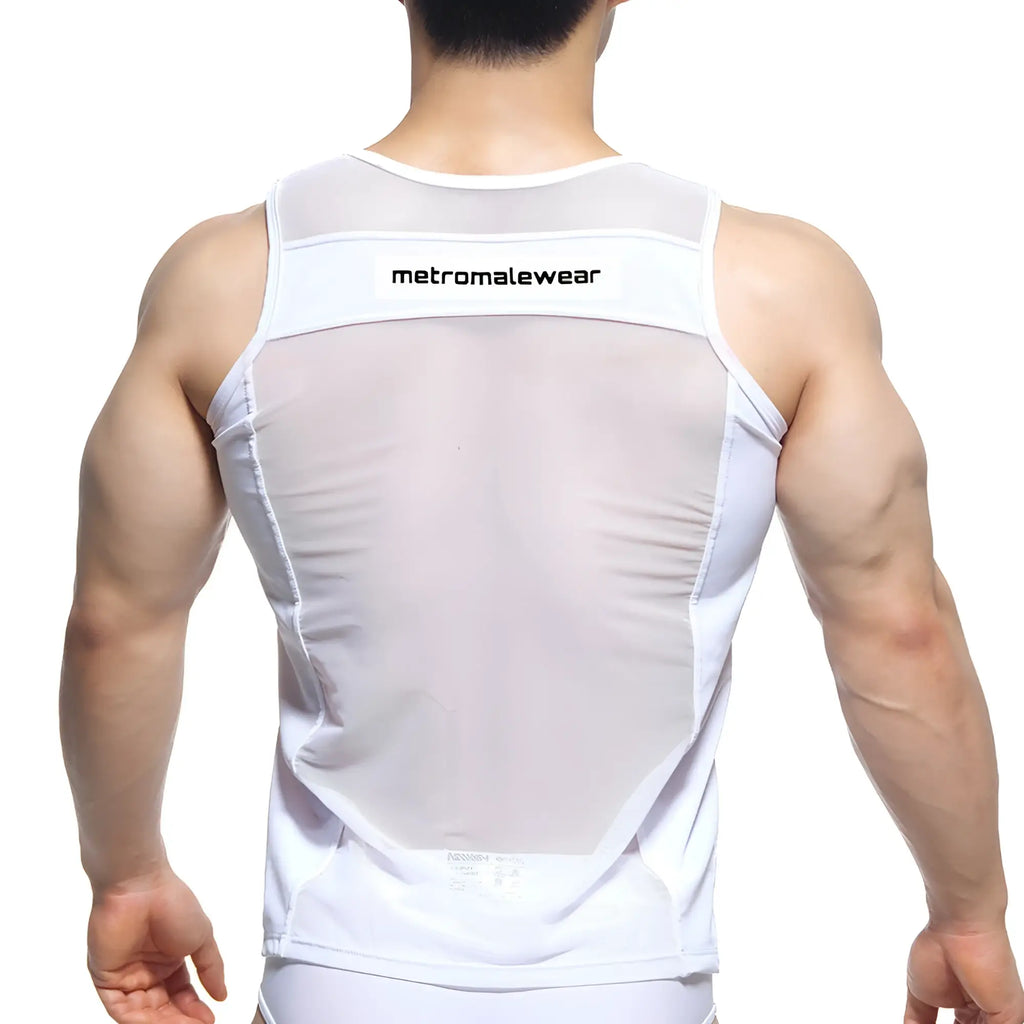 White mesh tank top with solid white trim and metromalewear branding on the upper back shown from the back side