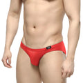 Red shiny fabric briefs with black logo waistband by Metromalewear in shine red bikini 5103-M12 style