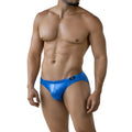 Vibrant blue glossy finish men’s briefs with sleek form-fitting design and black brand tag at waistband by metromalewear
