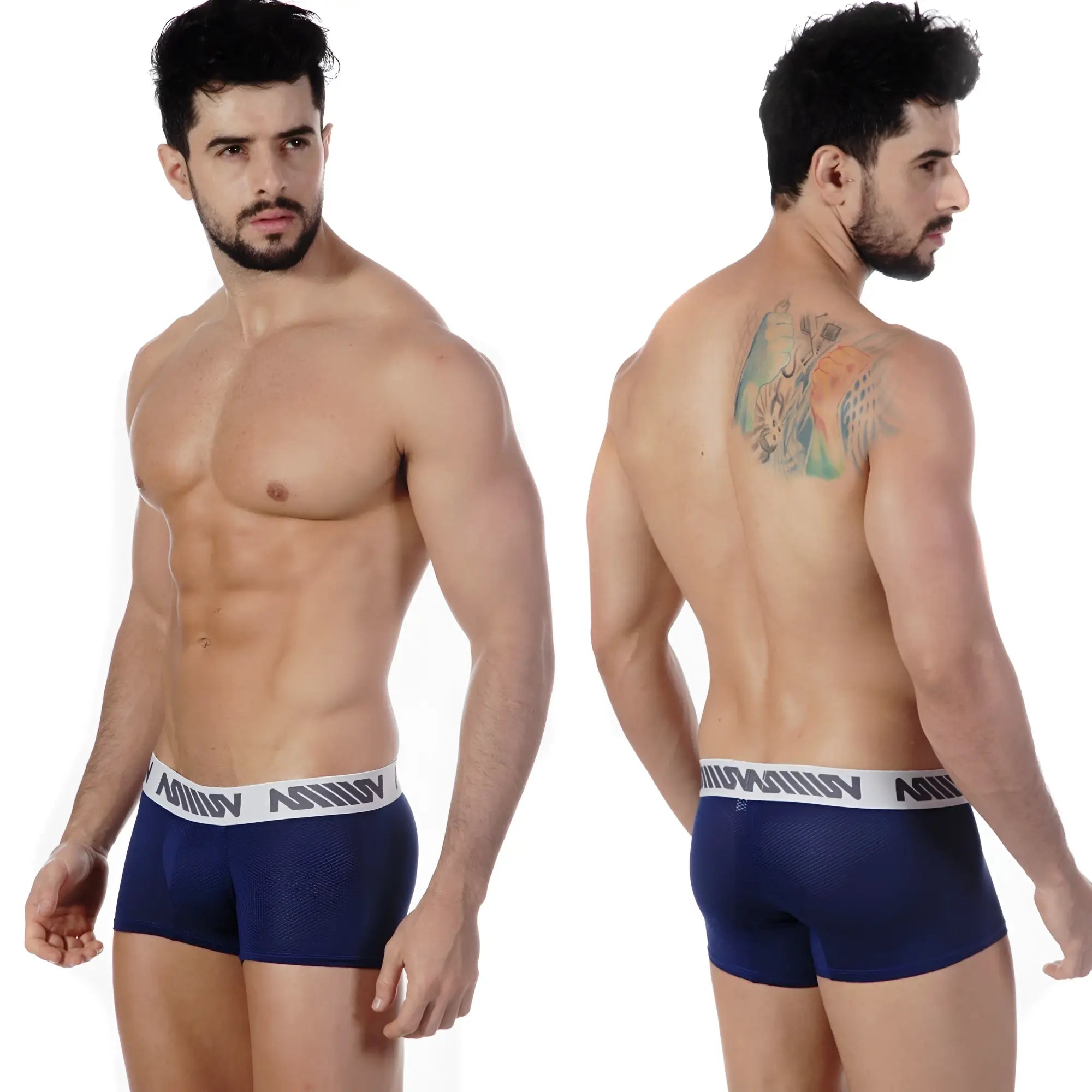 Metro male wear short boxer armada 7 inch navy blue mesh boxer briefs with white waistband and black brand name