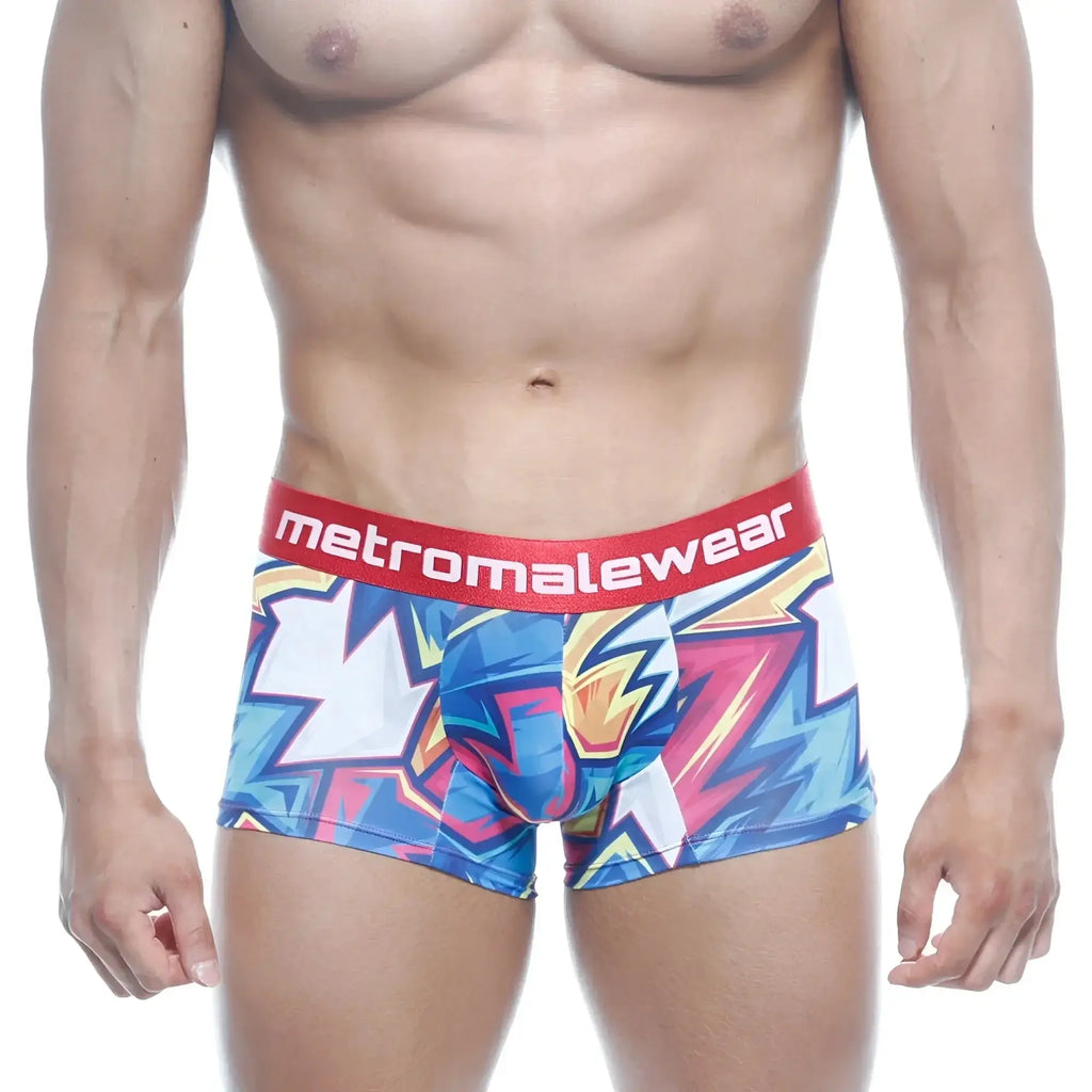 MetroMaleWear short boxer atractivo 7 2022-66 vibrant blue pink white graffiti print boxer briefs with red waistband