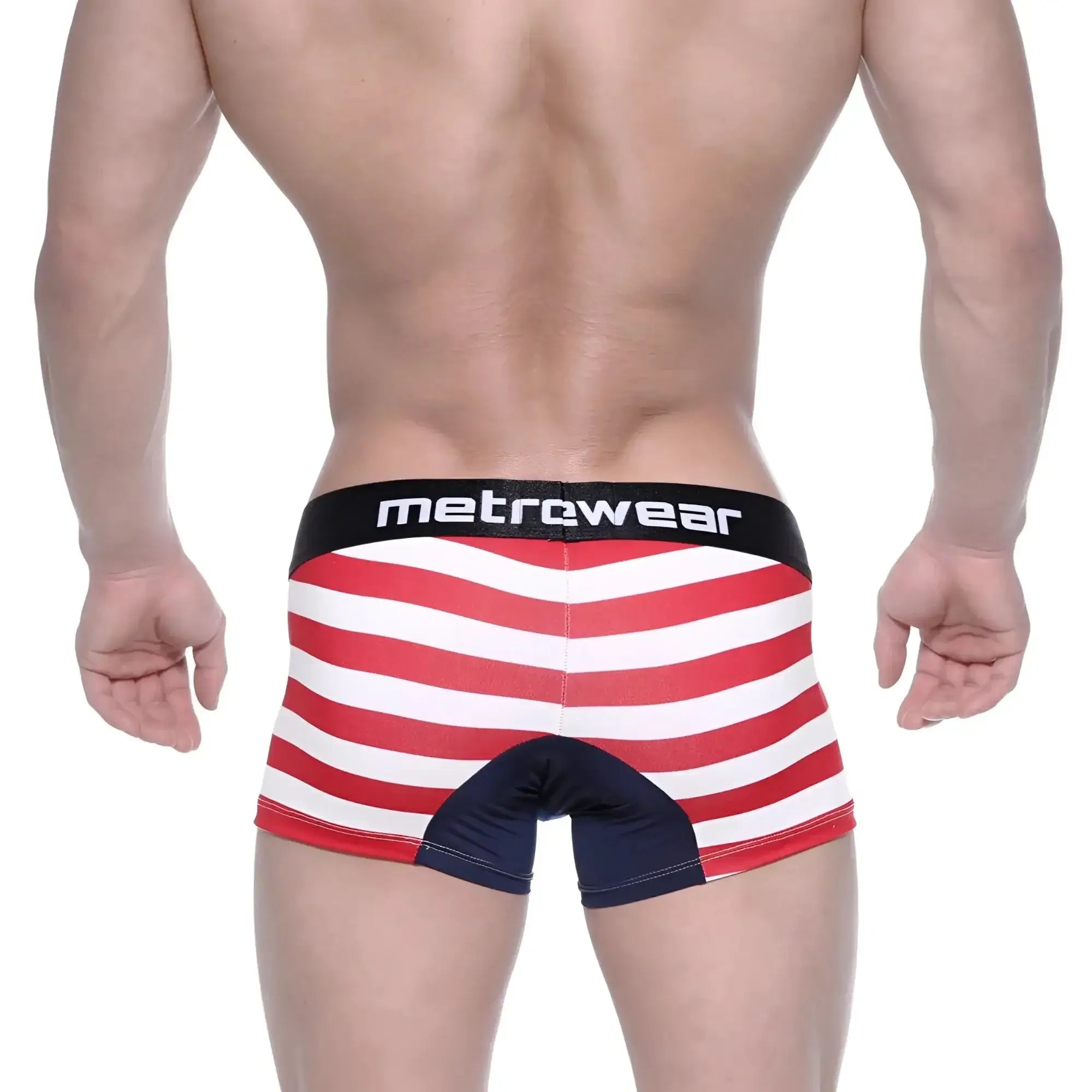 MetroMaleWear short boxer Avengers 7 2022-93 with red and white stripes, black waistband, and navy blue crotch accent