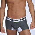 Gray and white MetroMaleWear short boxer briefs with black logo waistband designed for comfort and support