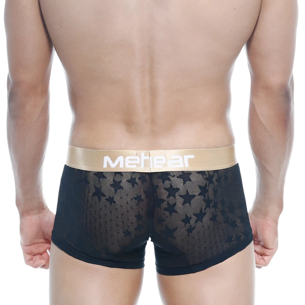 Black lace boxer briefs with gold waistband and mehear branding from MetroMaleWear short boxer Estella 7인치 2022-73