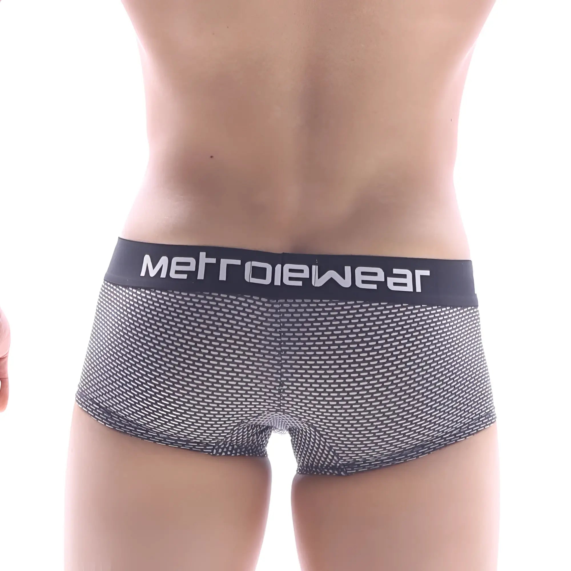 Black and gray mesh metro male wear short boxer briefs with honeycomb pattern and black waistband with metrowear logo