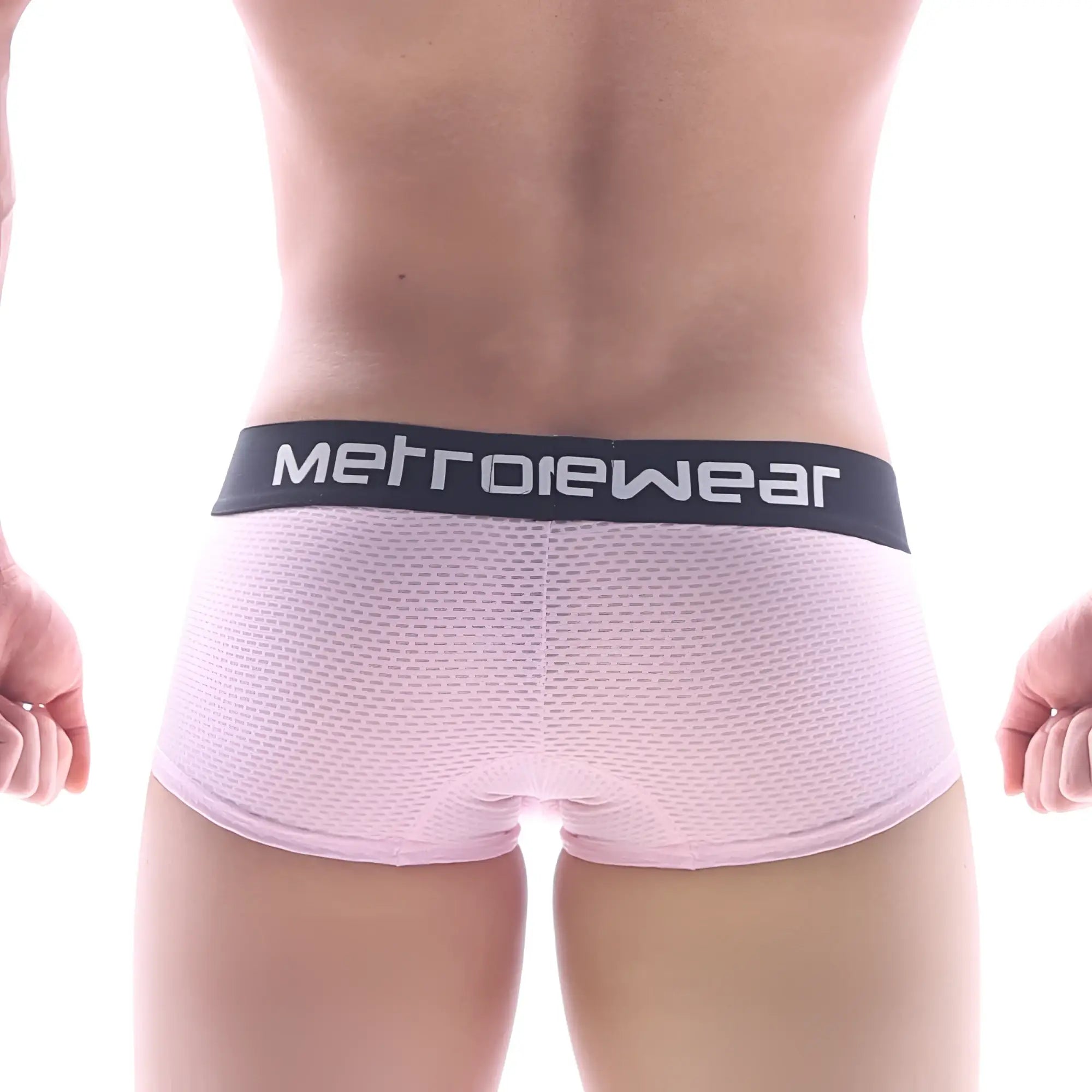 MetroMaleWear short boxer honeycomb pink mesh briefs with black waistband and metrowear logo in white lettering