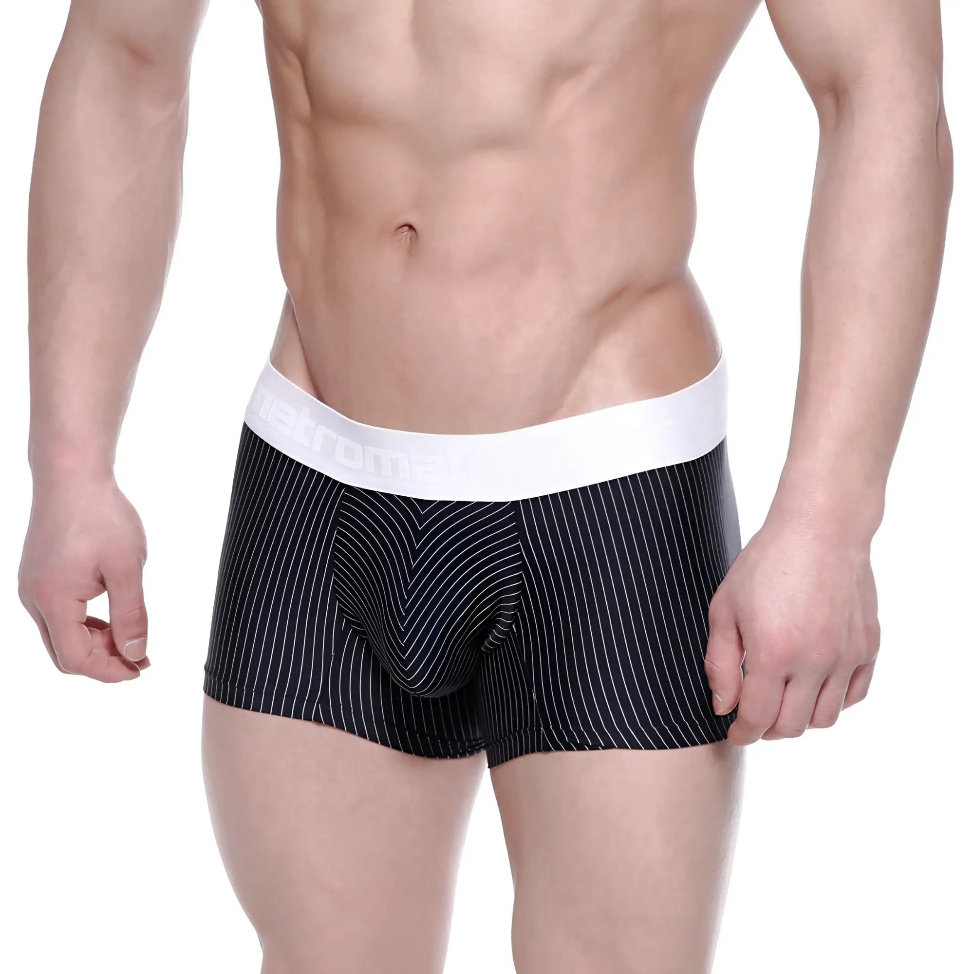Black pinstripe briefs with white elastic waistband metroMalewear short boxer lucas 7인치 2022-43 front view