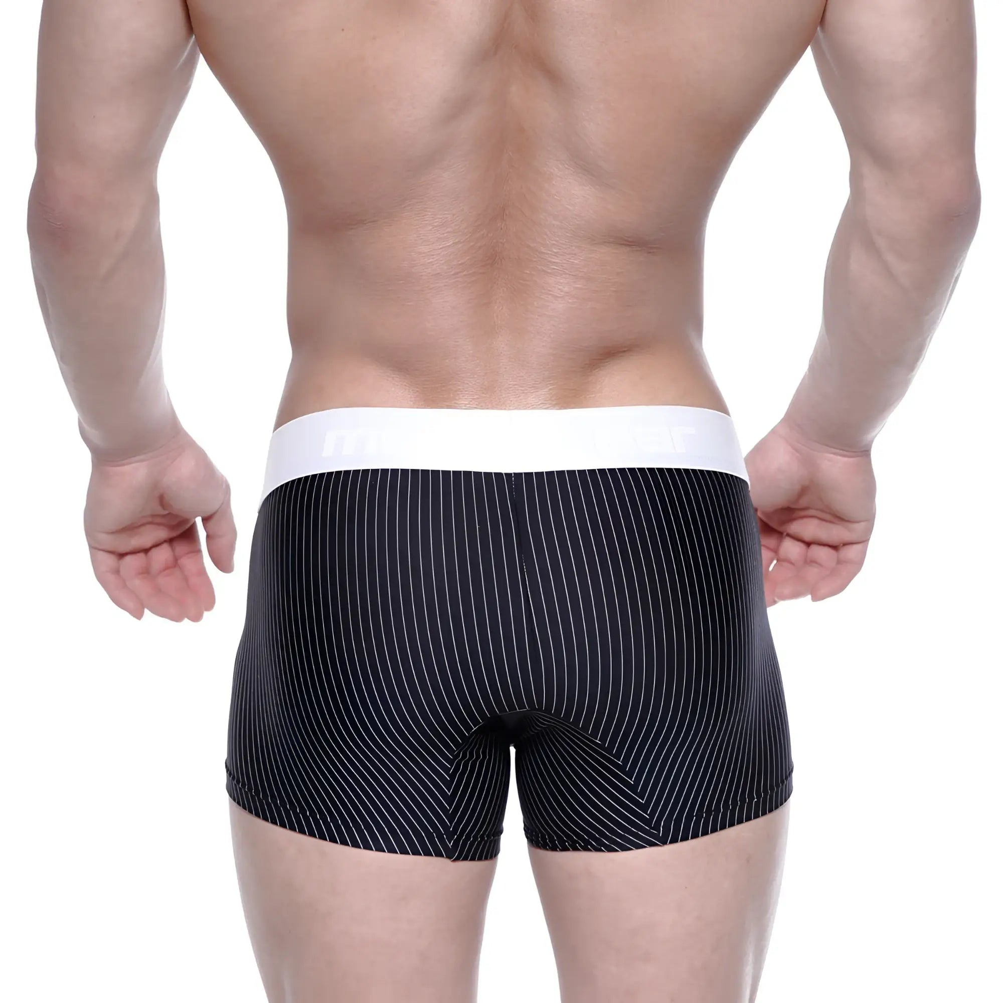 Black pinstripe briefs with white waistband metroMalewear short boxer lucas 7인치 2022-43 front view