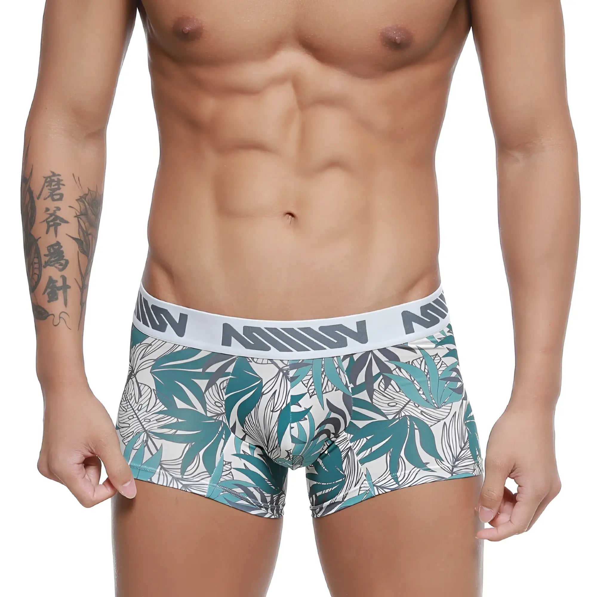 Teal and gray leaf-patterned mens boxer briefs with white elastic waistband and black MetroMaleWear branding