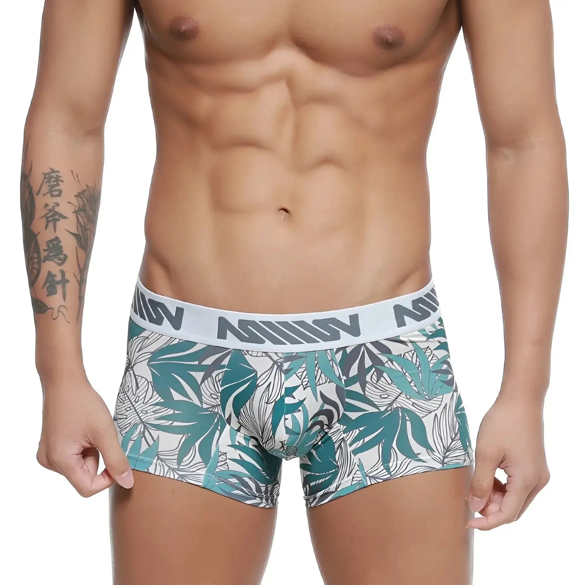 Teal and gray leaf-patterned mens boxer briefs with white elastic waistband and black MetroMaleWear branding
