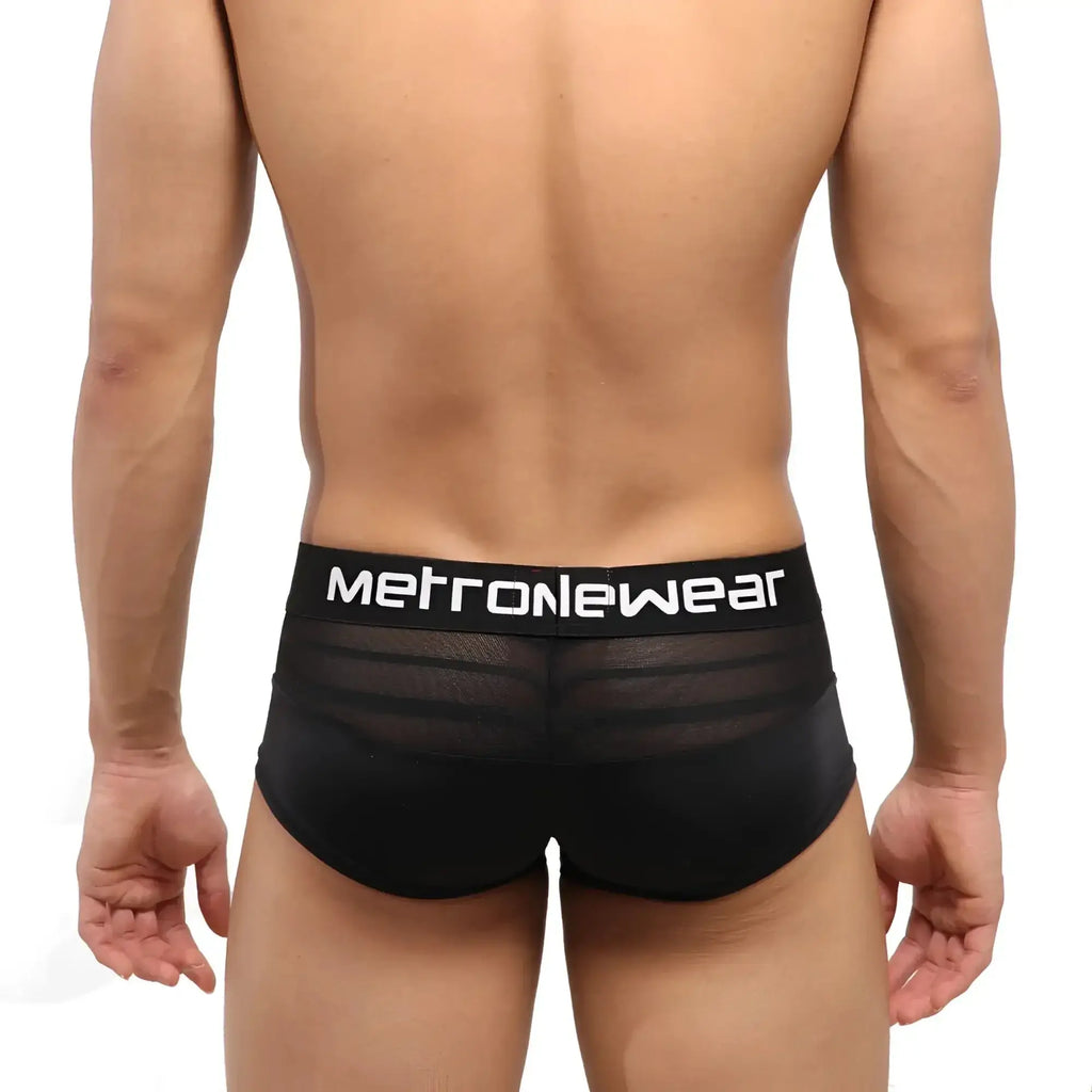 Black mesh briefs with a solid black waistband featuring the white metronewear logo.