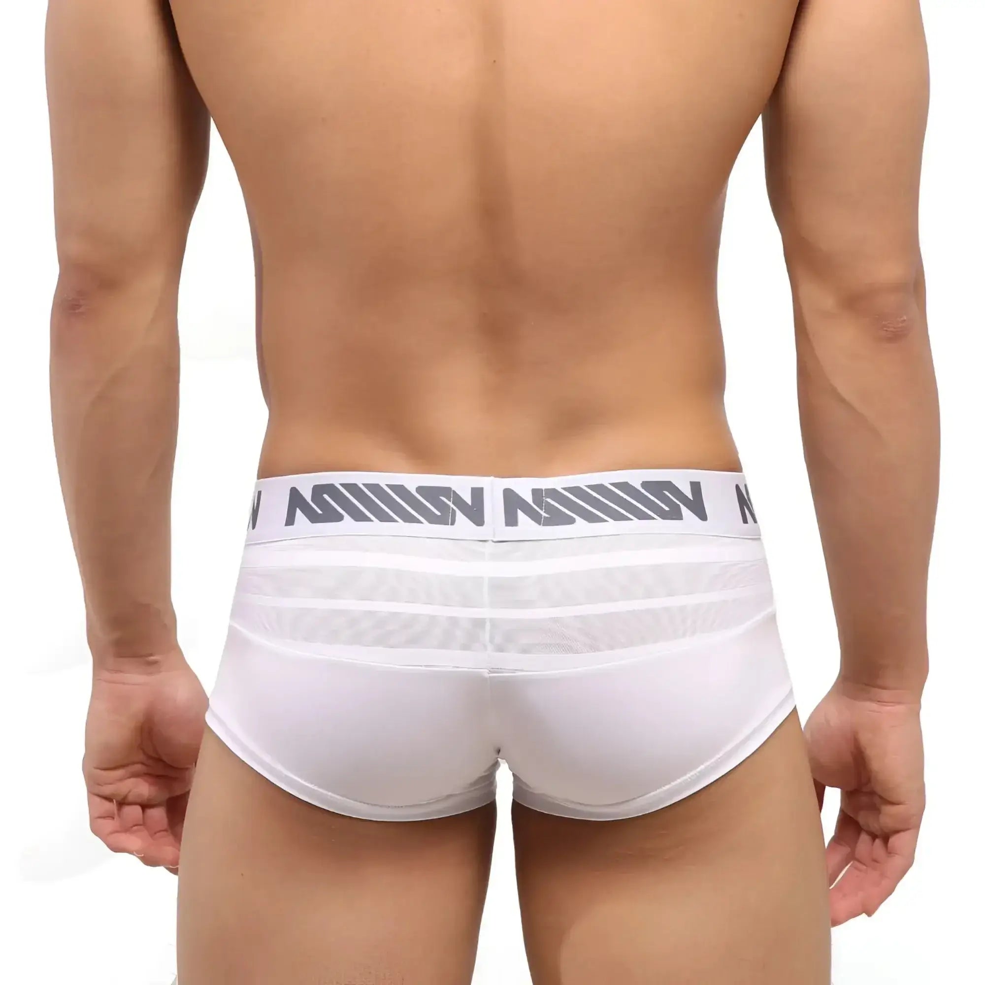 White mens briefs metro malewear short boxer mesh with gray logo band and breathable mesh detailing front view