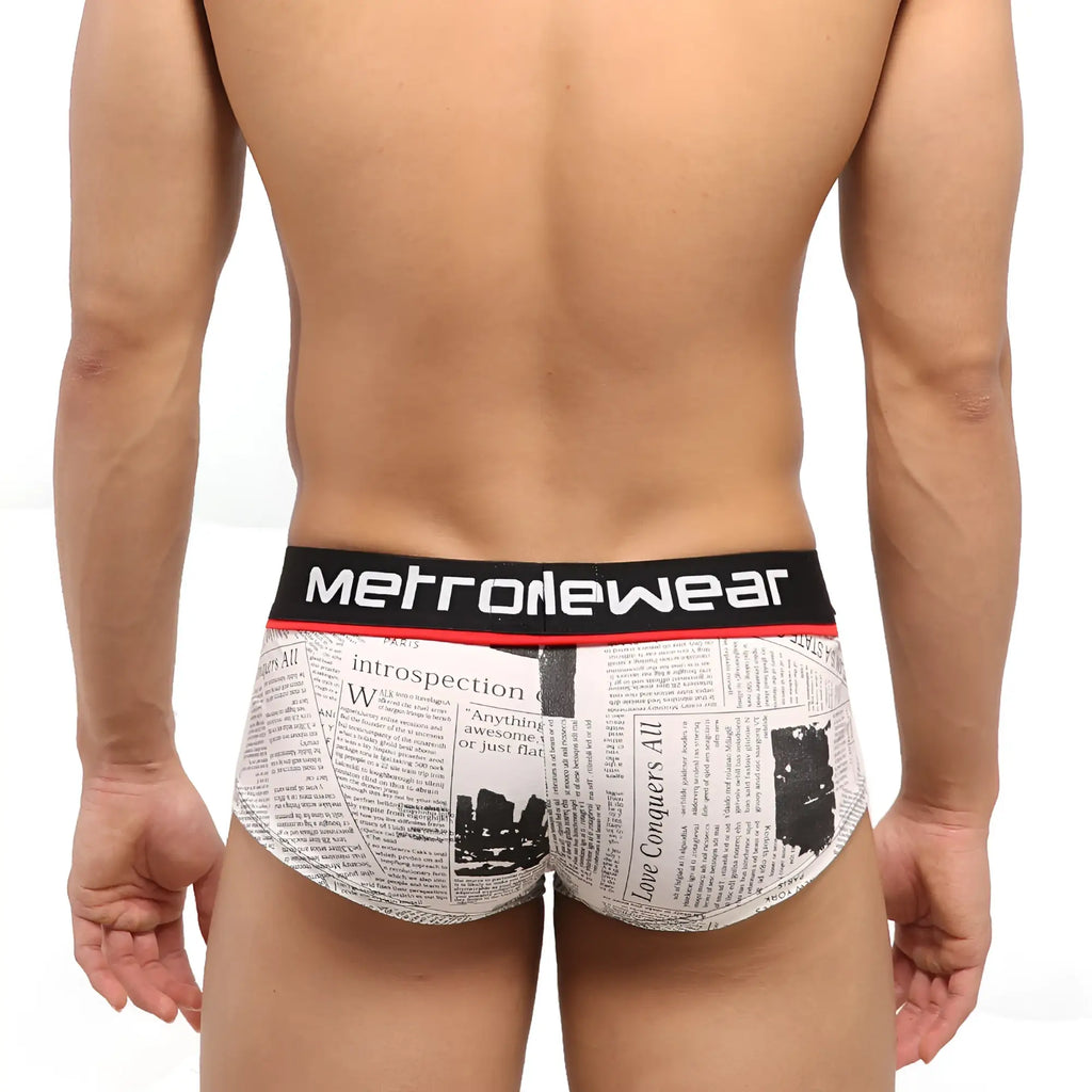 White briefs with newspaper print design and black metrowear waistband from metromalewear short boxer periodico 2026-72