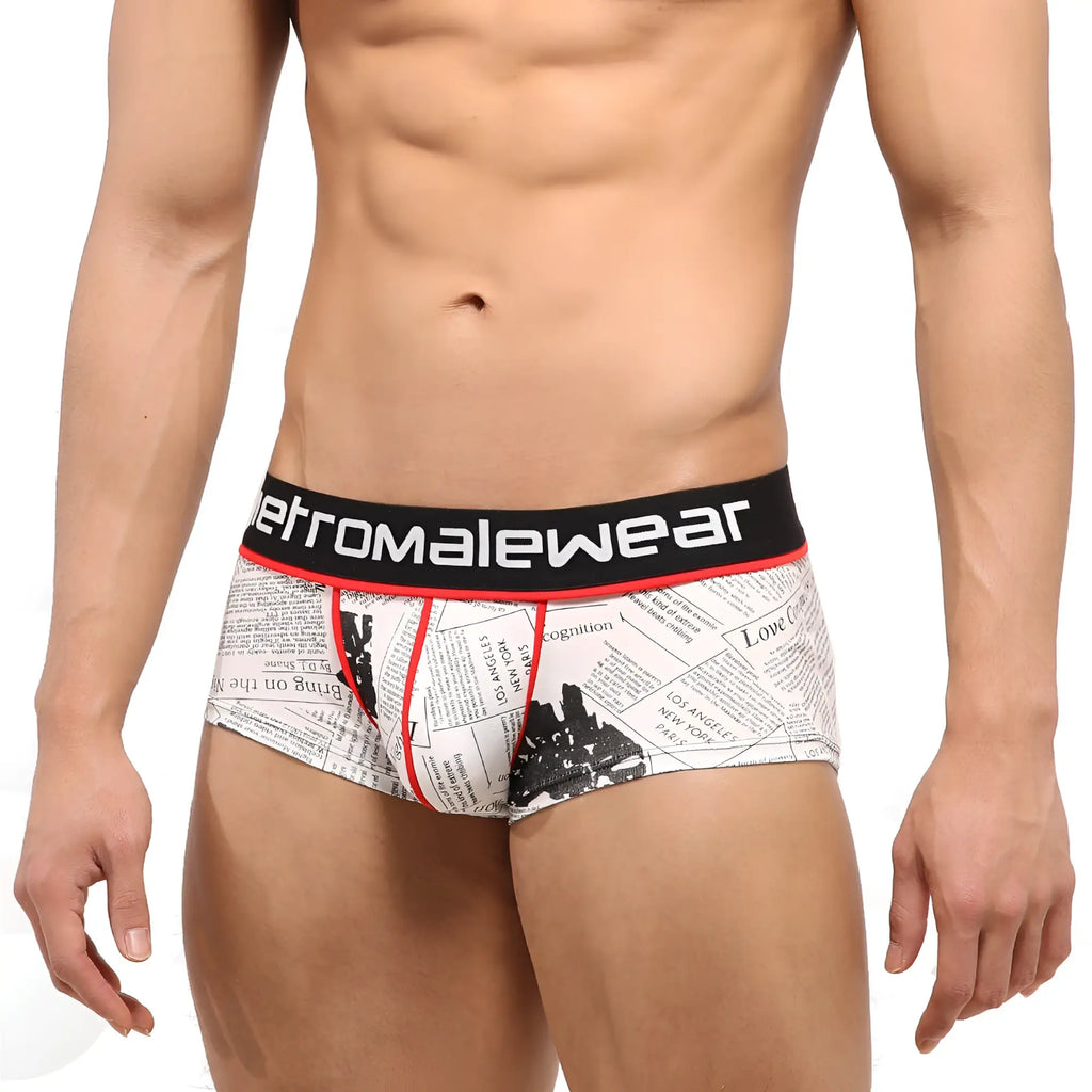 White briefs with newspaper print and black red trim featuring retromalewear brand on waistband MetroMaleWear Short Boxer Periodico 2026-72