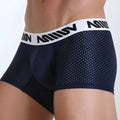 Navy blue mesh MetroMaleWear short boxer briefs with white waistband and black miiow branding 7 inch inseam