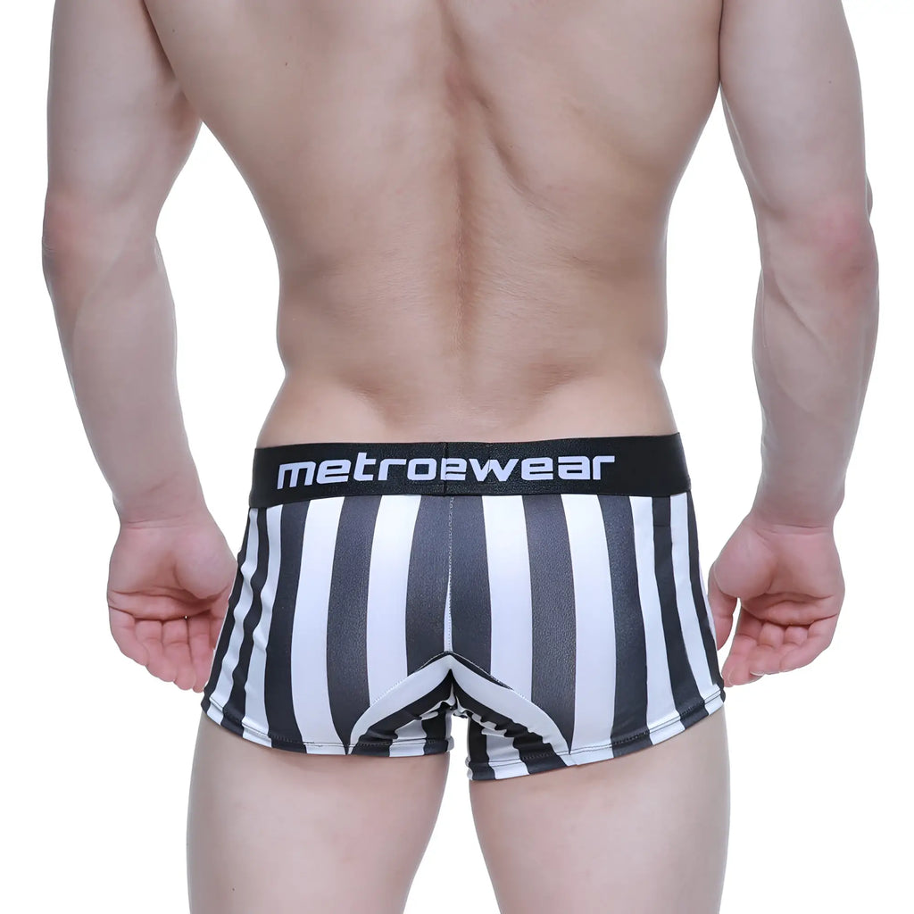 Black and white striped metro2wear men’s briefs with black waistband metro malewear short boxer raya 7 inch