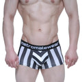Black and white striped mens boxer briefs with chevron pattern and metromalewear branded elastic waistband